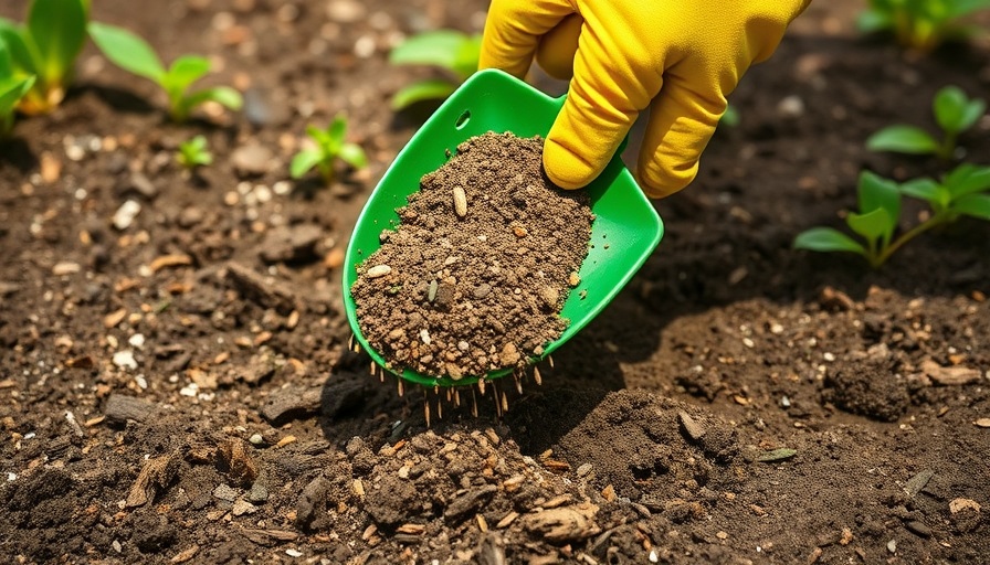 Green trowel spreading granules on soil to lower pH level in garden.