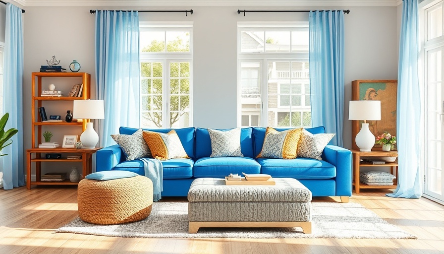 Living room with bright blue sofa and colors that go with blue decor.