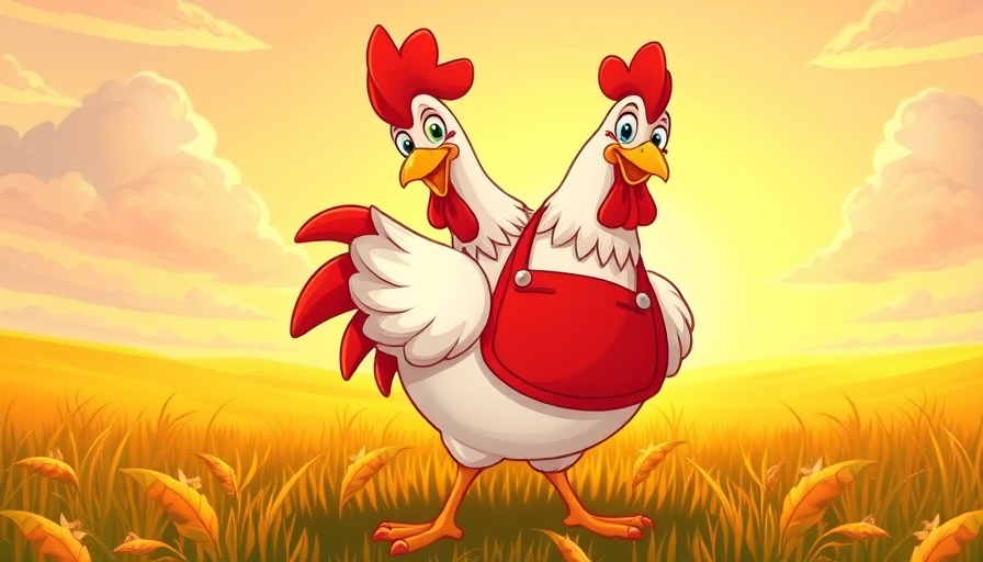 Cartoon chicken with apron in sunrise background.