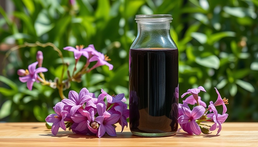 Glass jar with dark liquid and purple flowers, indoor garden.