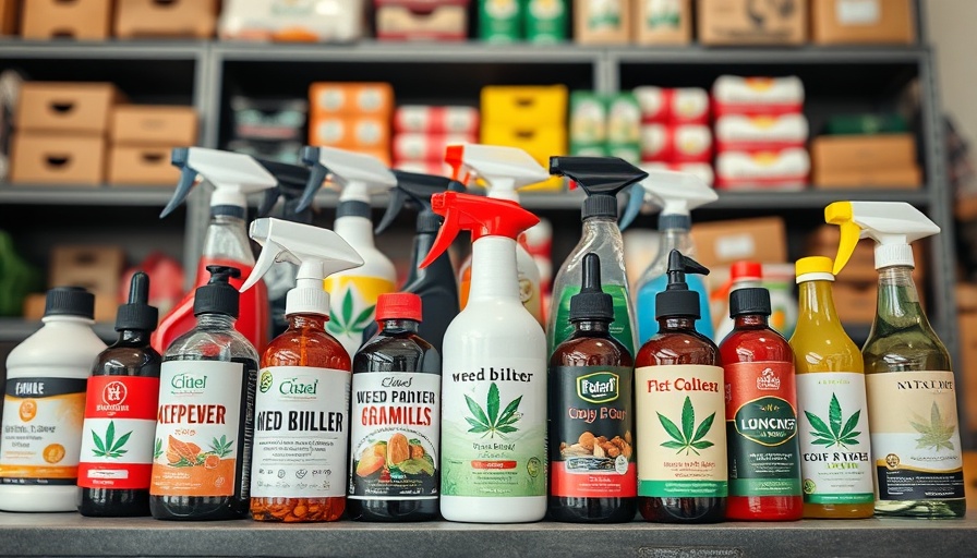 Variety of low-toxicity weed killers on a shelf.