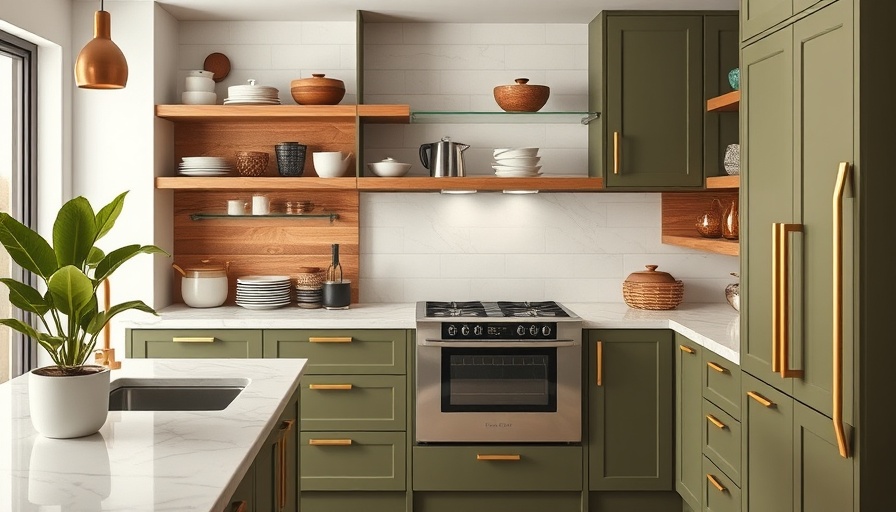 Stylish kitchen pantry with open shelves and green cabinets, 2025 trends