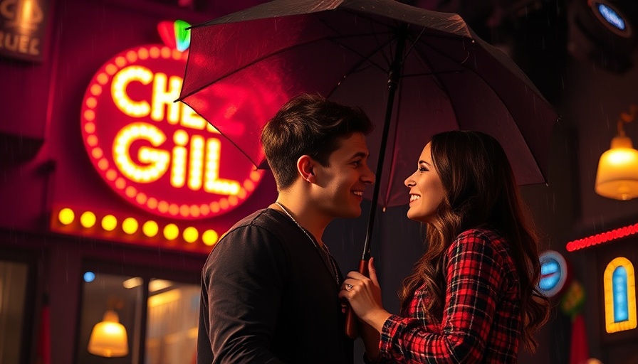 Young couple sharing an umbrella on stage with Chez Gil sign, part of Entertainment Community Fund Broadway Support.