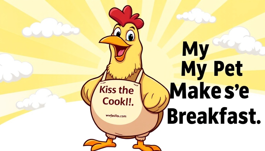 Cartoon chicken with apron in colorful sunburst scene promoting website