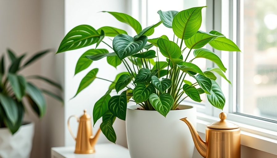 Watering houseplants with a golden watering can in a modern interior.