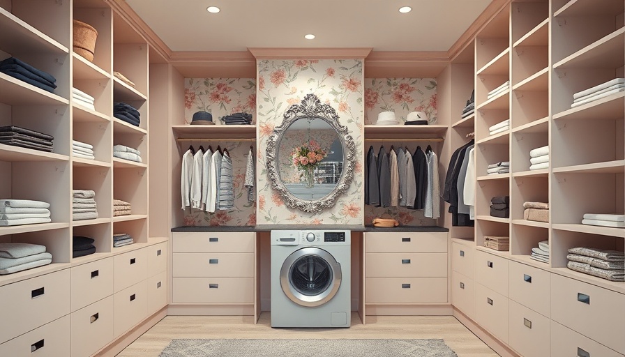 Elegant walk-in closet design with floral wallpaper and pink shelves.