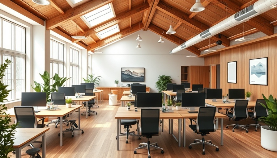 Modern open office space design ideas with wooden beams.