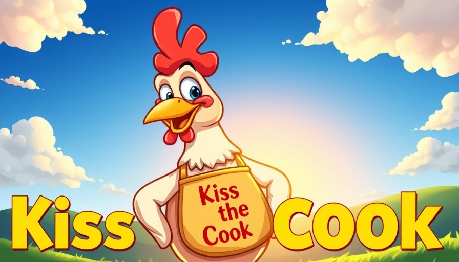 Cartoon chicken with apron, vibrant background, Tail Feathers Don't Come In Properly.