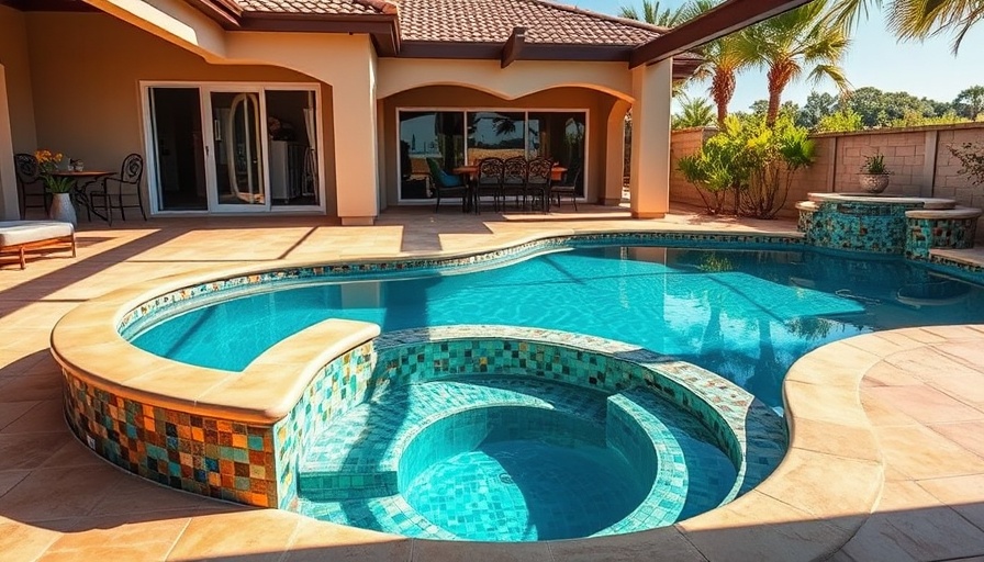 Luxurious swimming pool with jacuzzi on a sunny patio.