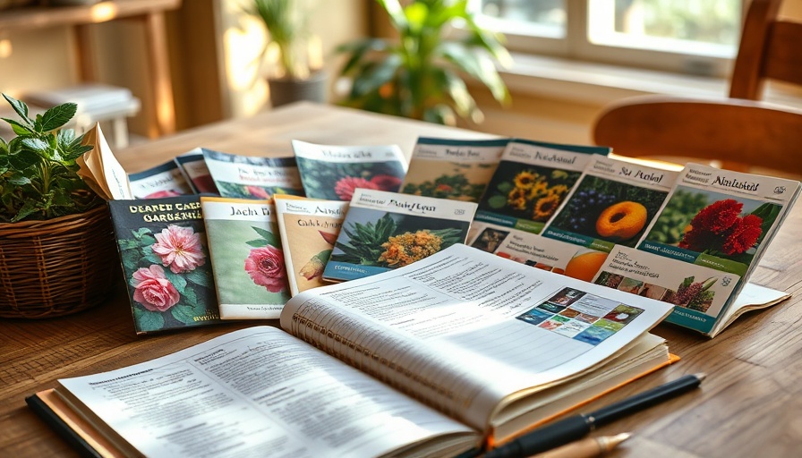 Gardening journal with seed packets on wooden table in natural light.