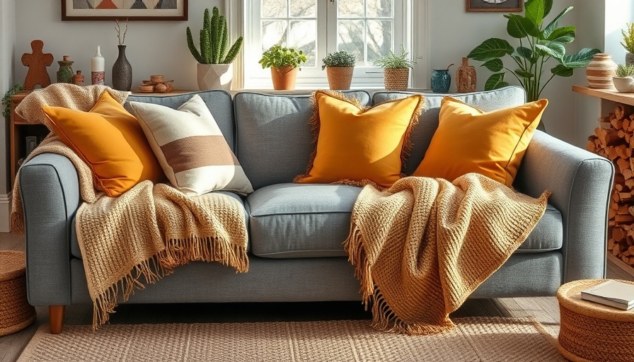 Cozy Hygge-style living room with cushions and throws.
