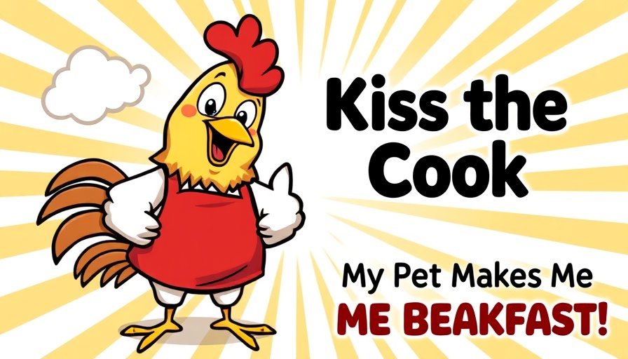 Humorous cartoon chicken graphic with apron and text.