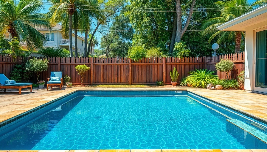 Serene backyard swimming pool inspection scene with clear blue water.