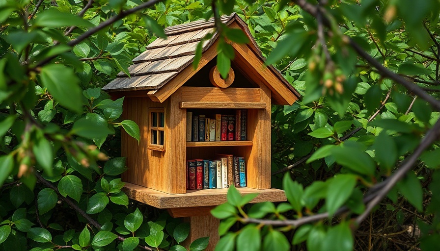 Charming rustic seed library nestled in outdoor garden with foliage.