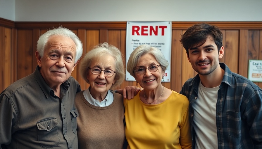 Group posing indoors with Rent poster in the background.