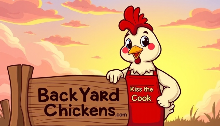 Cartoon chicken promoting backyard chicken care with fun design.