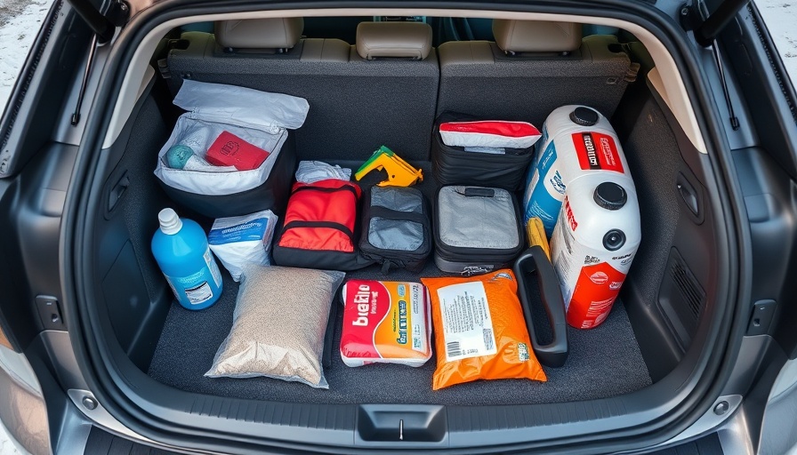Winter car emergency kit in vehicle trunk, spotlight on essentials.