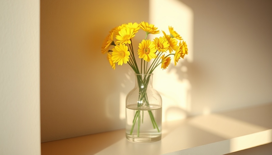 Elegant glass vase with yellow flowers reflecting soft light.