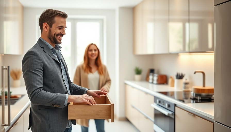 Couple and agent discussing modern kitchen drawers vs. cabinets.