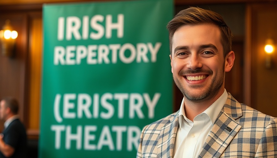 Man at Grindr Date Off-Broadway event, Irish Repertory Theatre backdrop.