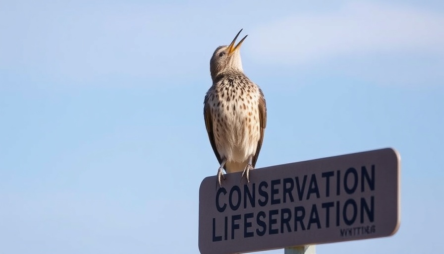 Sage Thrasher singing atop conservation sign for habitat protection.