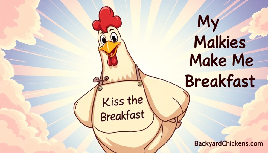 Cartoon chicken with apron in a playful sunburst setting.