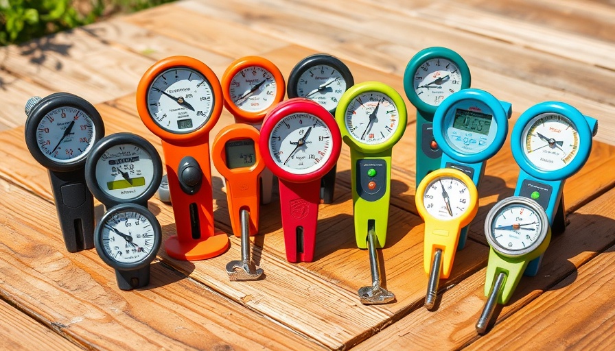 Variety of soil moisture meters displayed on a wooden table.