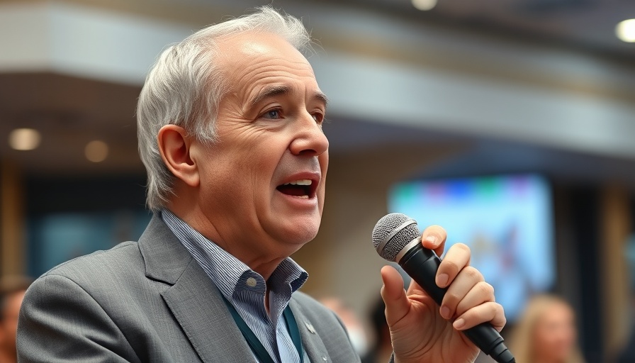 Elderly man speaking at event with gray hair and microphone