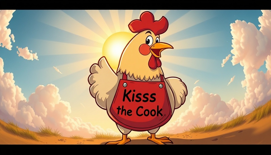 BYC Café cartoon chicken with apron and sunrise.