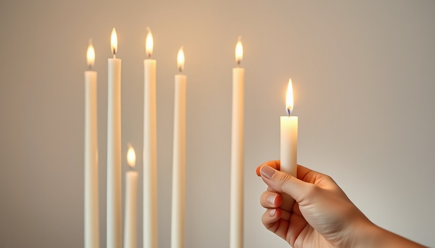 Hand lighting tall skinny candles in a minimalist setting.