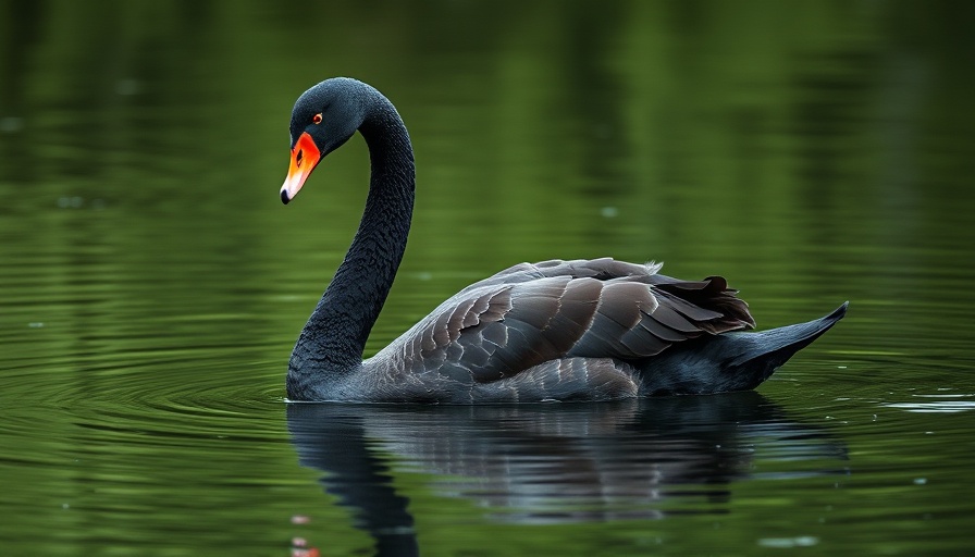 Graceful black swan gliding on calm water in serene setting.