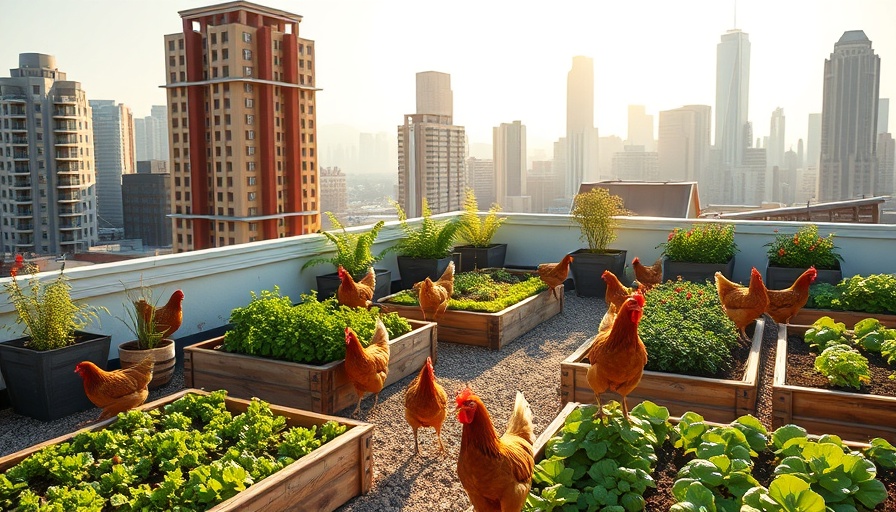Chickens on a New York City rooftop garden, urban farming scene.