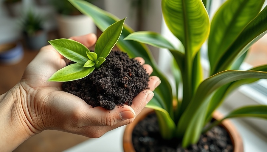 Houseplant soil recipe with hand adding soil to snake plant.