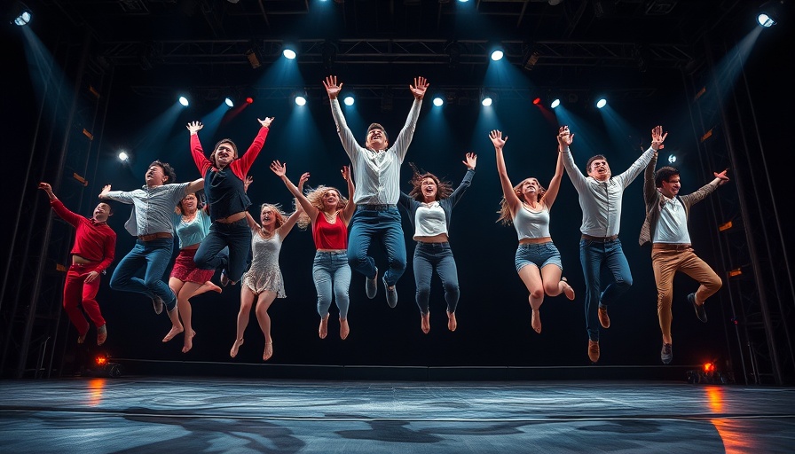 Energetic performers leaping on stage in a new Broadway musical.