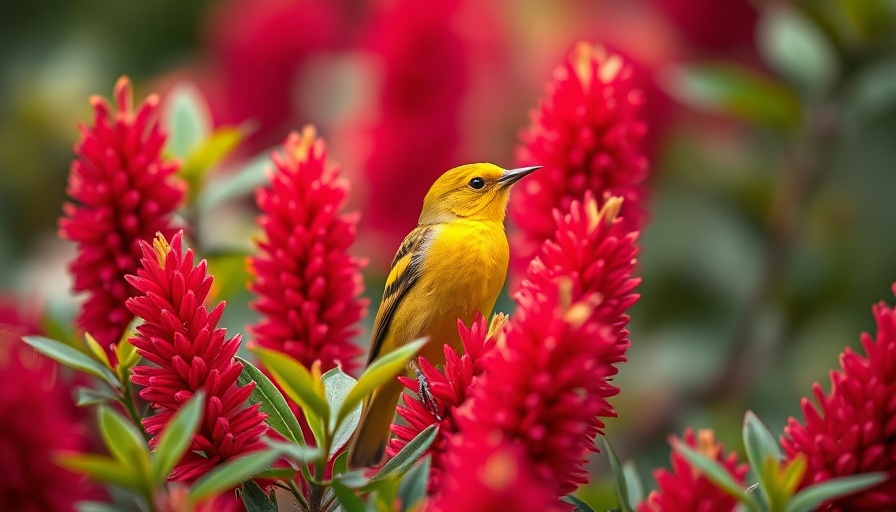 Yellow bird in a bottlebrush garden for March 2025 eBirder Challenge