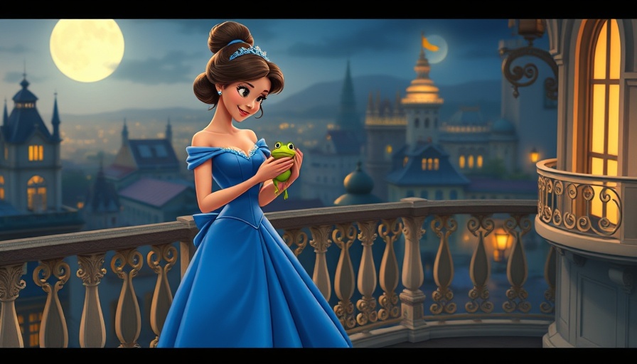 Tiana on balcony with a frog, moonlit city background.