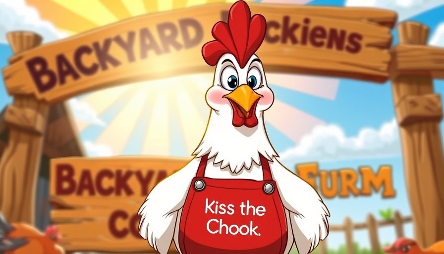Cartoon chicken with apron and Backyard Chickens logo artwork.