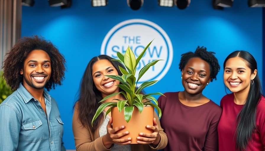 Maybe Happy Ending cast posing with plant on TV show set.