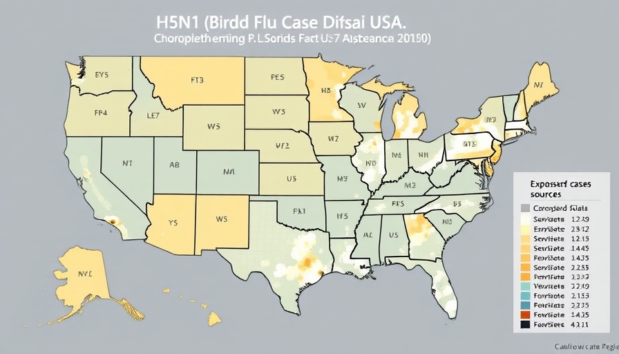 Map of USA showing distribution of H5N1 bird flu cases with exposure sources legend.