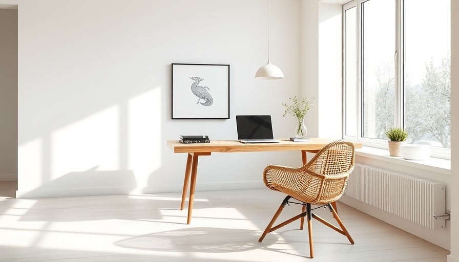 Well-lit minimalist office with wooden desk and chair.