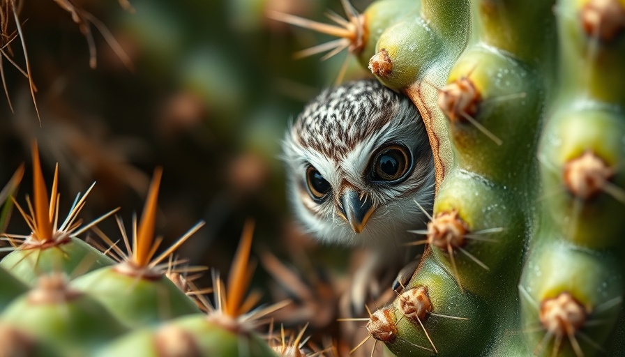 Tecolotito enano peeking from cactus crevice in desert.