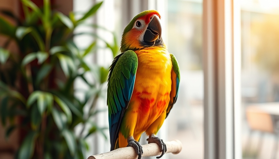 Colorful parrot adjusting in room, temperature for bird care emphasized.