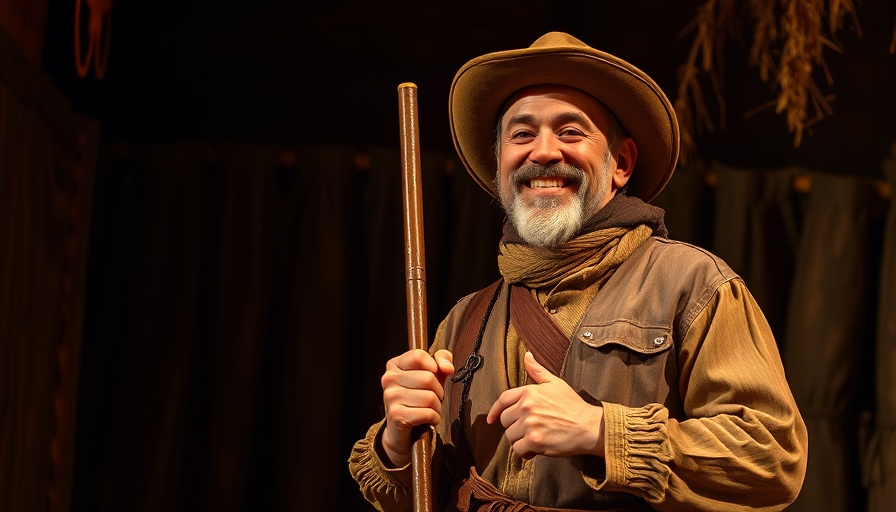 Smiling man on stage in rustic attire at Olivier Awards.