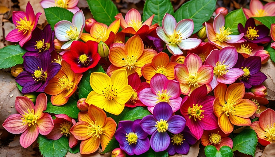 Colorful hellebore flowers in vibrant array, close-up view.