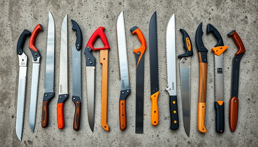 Diverse pruning saws on concrete surface.