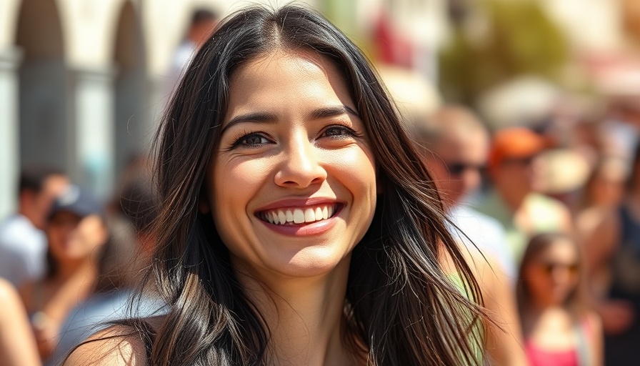 Woman with long dark hair smiling outdoors on a sunny day