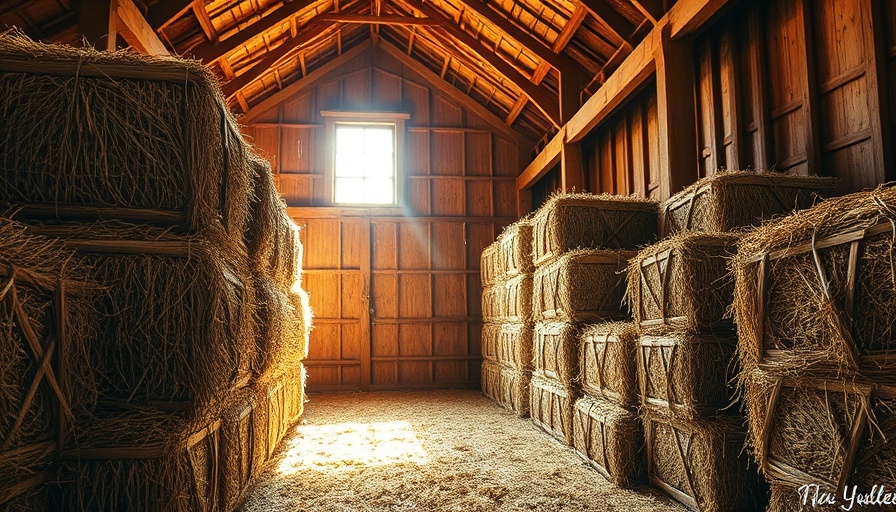 Winter check for bales of hay in rustic barn with sunlight.