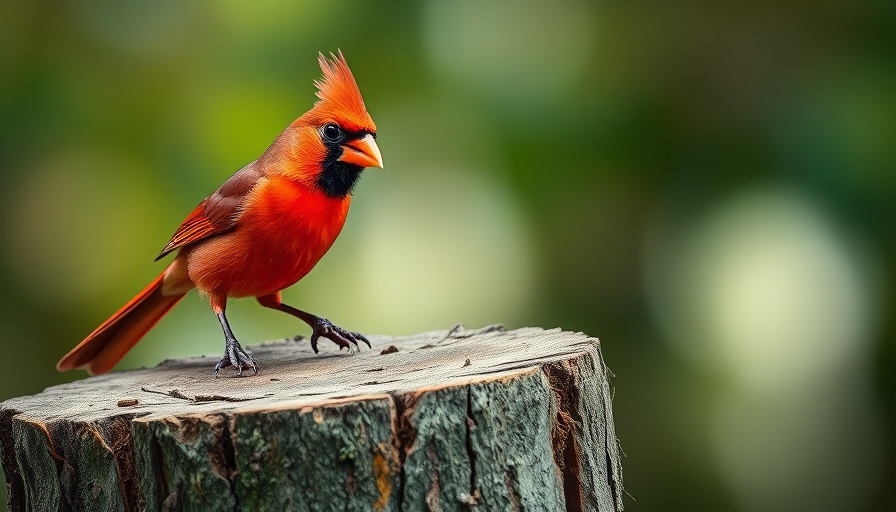 Vibrant red cardinal foraging on a tree stump in nature.