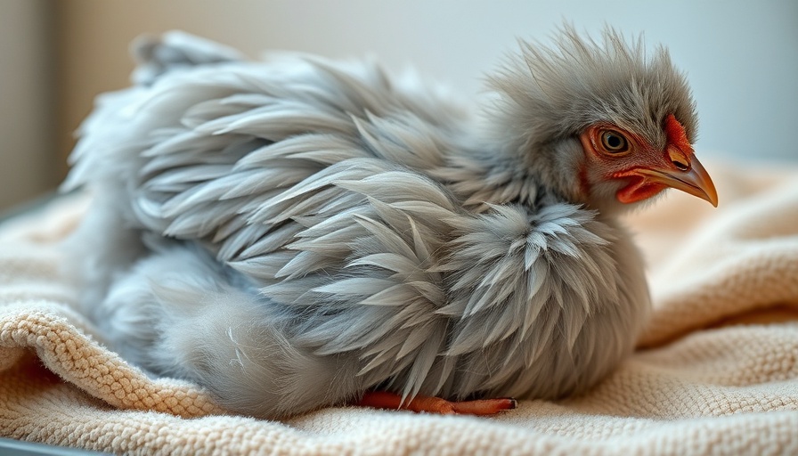 Gray silkie chicken resting on towel, appearing unwell.
