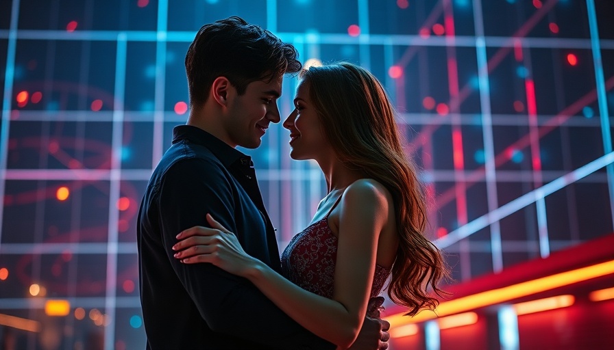 Romantic couple dancing with neon digital background, Broadway musical theme.